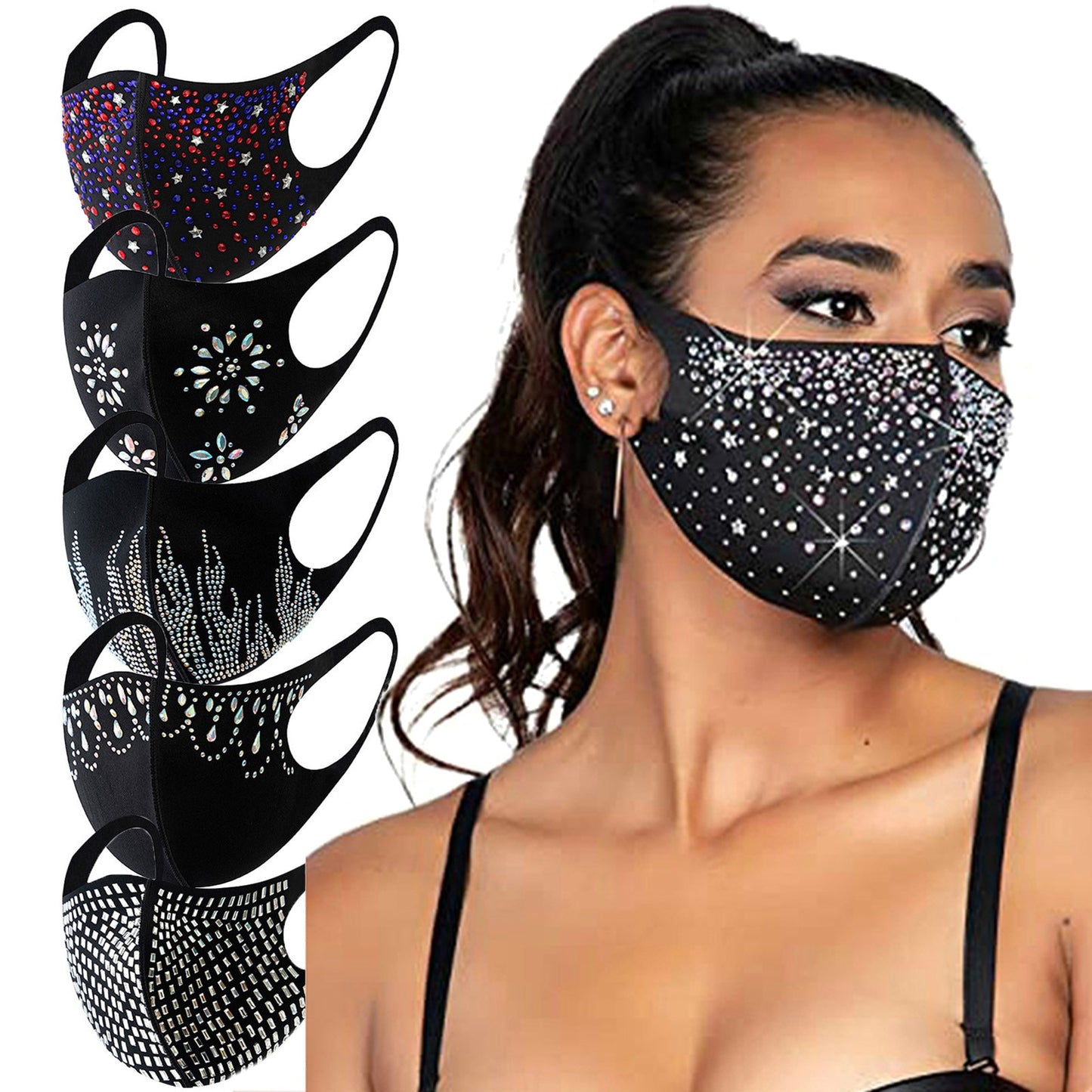 Fashion Women Face Mask With Rhinestone Elastic Reusable Washable Christmas Masks Face Bandana Decor Jewelry Party Gift